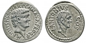 Marc Antoine et Lucius Antoninus 41 avant J.-C.
Denarius, Ephèse, 41 avant J.-C., AG 3.58g.
Avers : M ANT IMP AVG III VIR R P C M NERVA PRO Q P
Bus...