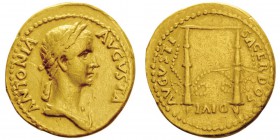 Claudius, 41-54 après J.C. pour Antonia Augusta
Aureus, Rome, 41-45 après J.-C, AU 7,68g.
Avers : ANTONIA AVGVSTA Buste d’Antonia Augusta à droit...