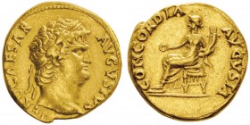 Nero 54-68 après J.-C.
Aureus, Rome, 64-68, AU 7.23g.
Avers : NERO CAESAR AVGVSTVS Tête laurée de Néron à droite. Revers : CONCORDIA AVGVSTA Con...