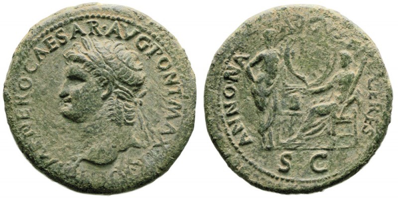 Nero 54-68 après J.-C.
Sestertius, Lugdunum, 65, AE 22.2g.
Avers : IMP NERO CA...