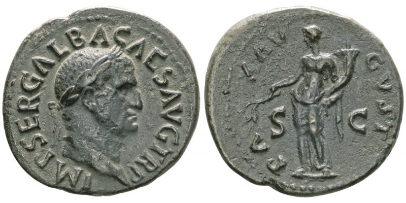 Galba 68-69
Dupondius, Rome, 68, AE 13.72g.
Avers : IMP SER GALBA CAES AVG TRP...