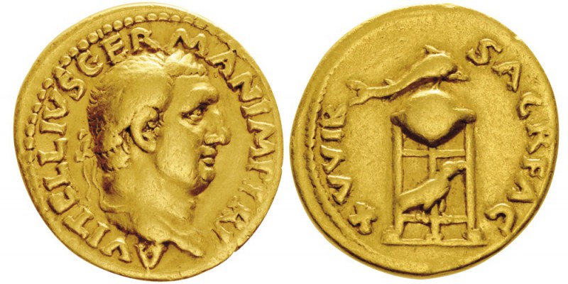 Vitellius 69
Aureus, Rome, 69, AU 7.18g.
Avers : A VITELLIVS GERMAN IMP TR P T...