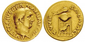 Vitellius 69
Aureus, Rome, 69, AU 7.18g.
Avers : A VITELLIVS GERMAN IMP TR P Tête laurée à droite.
Revers : XV VIR SACR FAC Dauphin sur un tripo...