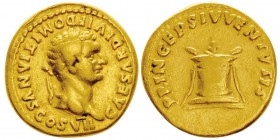 Vespasianus pour Domitianus Caesar
Aureus, Rome, 80, AU 7.04g.
Avers : CAESAR DIVI F DOMITIANVS COS VII
Tête laurée de Domitien à droite
Revers...