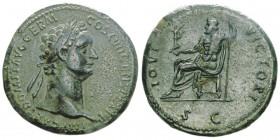 Domitianus 81-96
Sestertius, Rome, 88-89, AE 26.3g.
Avers : IMP CAES DOMIT AVG GERM COS XVII CENS PER P P Tête laurée à droite.
Revers: IOVI VIC...