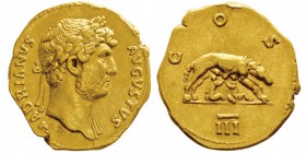 Hadrianus 117-138
Aureus, Rome, 125-128, AU 7,14g.
Avers : HADRIANVS AVGVSTVS Buste lauré et drapé sur l’épaule gauche. Revers : COS III Louve al...