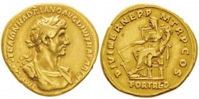 Hadrianus 117-138
Aureus, Rome, 117, AU 7,14g.
Avers : IMP CAES TRAIAN HADRIANO AVG DIVI TRA PARTH F Buste lauré, drapé et cuirassé à droite.
R...