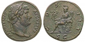 Hadrianus 117-138
Sestertius, Rome, 127, AE 27.78g.
Avers: HADRIANVS AVGVSTVS Tête laurée à droite. Revers: COS III S C Rome assise à gauche sur...
