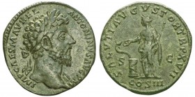 Marcus Aurelius 161-180
Sestertius, Rome, 162, AE 21.4g.
Avers : IMP CAES M AVREL ANTONINVS AVG P M
Tête laurée de Marc Aurèle à droite.
Rever...