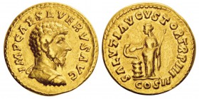 Lvcius Verus co-empereur 161-169
Aureus, Rome, 161-162, AU 7g.
Avers : IMP CAES L VERVS AVG Buste drapé de Lucius Vérus à droite.
Revers : SALVT...