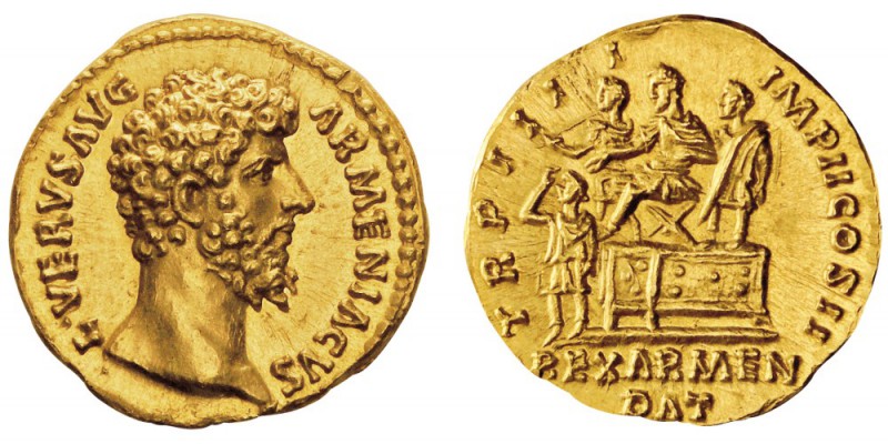 Lvcius Verus co-empereur 161-169
Aureus, Rome, 163-164, AU 7.38g.
Avers : L VE...