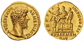 Lvcius Verus co-empereur 161-169
Aureus, Rome, 163-164, AU 7.38g.
Avers : L VERVS AVG ARMENIACVS Tête nue de Lucius Vérus à droite.
Revers : TR ...