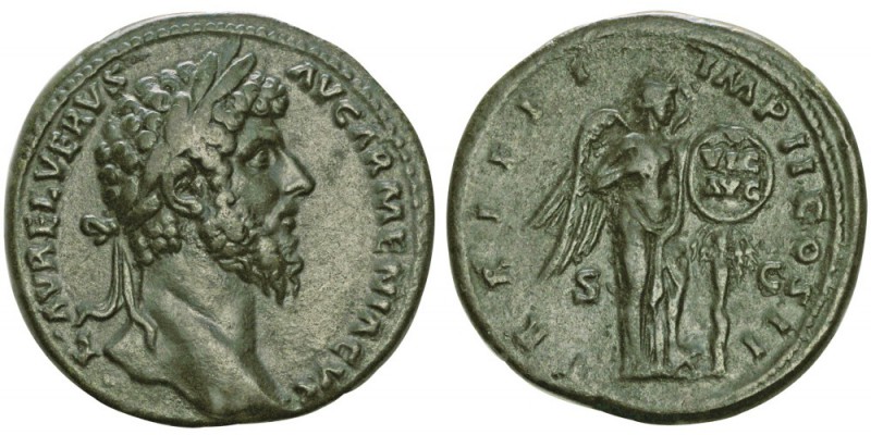 Lvcius Verus co-empereur 161-169
Sestertius, Rome, 164, AE 31.51g.
Avers : L A...