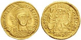 Costantius II 337-361
Solidus, Arles, 351-355, AU 4.42g.
Avers : FL IVL CONSTANTIVS PERP AVG Buste diadémé, casqué et cuirassé
de Constance II ...