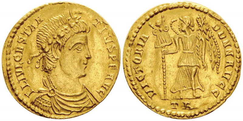 Costantius II 337-361
Solidus, Trèves, 342-343, AU 3.89g.
Avers : FL IVL CONS...
