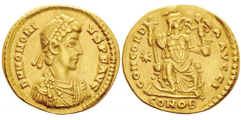 Honorius 393-423
Solidus, Costantinople, 403-408, AU 4.4g.
Avers : DN HONORIVS...
