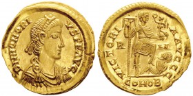 Honorius 393-423
Solidus, Rome, 404-408, AU 4.49g.
Avers : DN HONORIVS P F AVG Buste diadémé, drapé et cuirassé d’Honorius à droite. Revers : V...