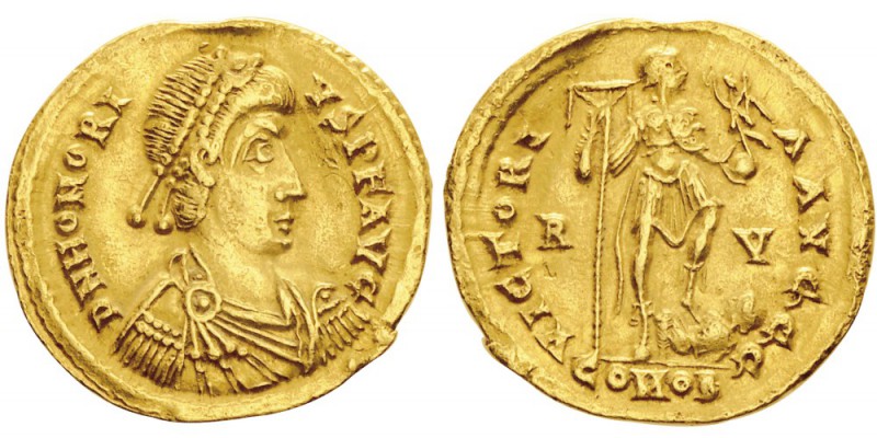Honorius 393-423
Solidus, Ravenne, 402-406, AU 4.42g.
Avers : DN HONORIVS P F ...