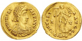 Honorius 393-423
Solidus, Ravenne, 402-406, AU 4.42g.
Avers : DN HONORIVS P F AVG Buste diadémé, drapé et cuirassé d’Honorius à droite. Revers ...