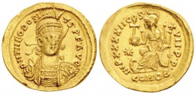 Theodosius II 402-450
Solidus, Constantinopolis, 441-450, AU 4.42g.
Avers : D N THEODOSIVS P F AVG Buste cuirassé et casqué de face avec lance et ...