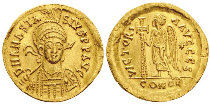 Anastasius 491-518
Solidus, Constantinople, 491-518, AU 4.3g.
Avers : D N ANAS...