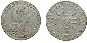 Honoré III 1733-1795
Pezzetta, 1734, Billon 4.2g.
Avers : HONORATVS III D G PR MONOECI Buste cuirassé à droite. Revers : AVXILIVM MEUM A DOMINO qu...