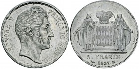 Honoré V 1819-1841
5 Francs, 1837M , AG 24.85g
Avers : HONORE V PRINCE DE MONACO tête à droite. Revers : Ecu des Grimaldi surmonté d’une couronne...