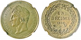 Honoré V 1819-1841
Décime en cuivre, 1838MC ,
Concours Monétaire entre Borrel et Rogat, tranche lisse. Ref : G. MC111, KM#PN6
Conservation : NGC ...
