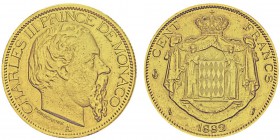 Charles III 1856-1889
100 francs, 1882A, AU 32.25g. Ref : G. MC122, Fr.11 Conservation : PCGS AU58. Rare. 5000 exemplaires.