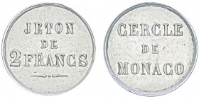 Charles III 1856-1889
 Jeton de 2 Francs, ND, AG 6.45g 28mm. Tranche lisse. Ref : G. MC122a
Conservation : Superbe. Très rare.