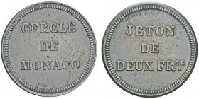 Charles III 1856-1889
Jeton de Deux FRcs, ND, AG 6.81g 28mm. Tranche lisse. Ref : G. MC122b
Conservation : Superbe