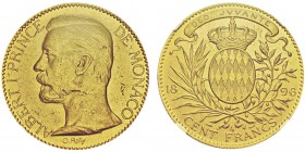 Albert I 1889-1922
 100 francs, 1896A, AU 32.25g. Ref : G. MC124, Fr.13
Conservation : NGC MS62