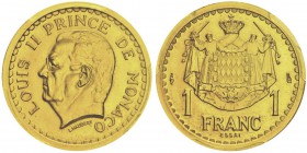 Luis II 1922-1949
Essai de 1 franc, sans date (1943), AU 8g.
Avers : LOUIS II PRINCE DE MONACO, tête à gauche,
au-dessous signature L.MAUBERT
Re...