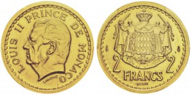 Luis II 1922-1949
Essai de 2 francs, sans date (1943), AU 16g. Avers : LOUIS II PRINCE DE MONACO, tête à gauche, au-dessous signature L.MAUBERT
Re...