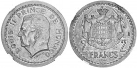 Luis II 1922-1949
Essai de 2 francs, sans date (1943), AG 10.4g.
Avers : LOUIS II PRINCE DE MONACO, au-dessous signature L.MAUBERT Revers : Armoirie...