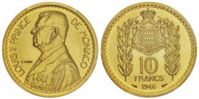 Luis II 1922-1949
Essai de 10 francs, 1946, AU 13.5g.
Avers : LOUIS II PRINCE DE MONACO, buste à gauche en grand uniforme, au-dessous signature P.T...
