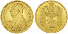 Luis II 1922-1949
Essai de 20 francs, 1947, AU 18.8g.
Avers : LOUIS II PRINCE DE MONACO essai, buste à gauche en grand uniforme, au-dessous signatu...
