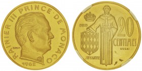 Rainier 1949-2005
Piéfort de 20 centimes, 1962, AU 17.3g.
Avers : RAINIER III PRINCE DE MONACO, tête à droite, au-dessous (date) et derrière sig...
