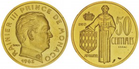 Rainier 1949-2005
Piéfort de 50 centimes, 1962, AU 30.3g.
Avers : RAINIER III PRINCE DE MONACO, tête à droite, au-dessous (date) et derrière sig...