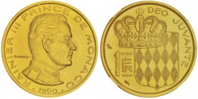 Rainier 1949-2005
Piéfort de 1 franc, 1960, AU 23.1g.
Avers : RAINIER III PRINCE DE MONACO, tête à droite, au-dessous (date) et derrière signatu...