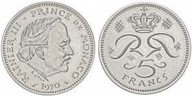Rainier 1949-2005
Prototype 5 francs, 1970, Nickel 10.19g. Ref : G. MC153
Conservation : Fleur de coin. Rarissime. Quantité : 5 ex connus!