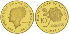 Rainier 1949-2005
 Piéfort de 10 francs, 1982, AU 38.8g.
Avers : PRINCESSE GRACE DE MONACO / 1929 - 1982
Tête nue de Grace de Monaco à gauche, s...