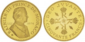 Rainier 1949-2005
Piéfort de 50 francs, 1974,
«25ème anniversaire de règne», AU 102.6g.
Avers : RAINIER III PRINCE DE MONACO essai, buste à dro...