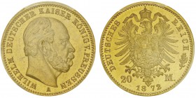 Wilhelm I 1861-1888
20 mark, 1872A, AU 7.96g. Ref : KM#501, Fr. 3815 Conservation : PCGS MS64