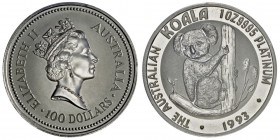 Elizabeth II 1952-
100 Dollars «Koala», 1993, Platine 31.1g. 999‰ Ref : KM#195, Fr.B.20
Conservation : PCGS MS67