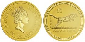 Elizabeth II 1952-
100 Dollars «Tiger», 1998, AU 31.1g. 999‰ Ref : KM#508, Fr. L.20
Conservation : PCGS MS68