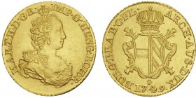 Maria Theresa 1740-1780
Souverain d’or, Antwerp, 1749, AU 11.06g. Ref : Fr.131, KM#11
Conservation : Pratiquement fleur de coin. Exemplaire de quali...