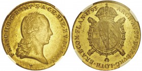 Franz II 1792-1806
Souverain d’or, Venice, 1793V (1823), AU 11.07g. Ref : Fr.472, KM#64, Mont 147
Conservation : NGC MS62