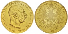 Franz Joseph 1848-1916
100 Corona, 1913A, AU 33.87g. Ref : Fr.507, KM#2819 Conservation : NGC AU 53. Quantité : 2696 exemplaires.