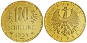 République 1918-
100 Schilling, 1934, AU 23.52g. Ref : Fr.520, KM#2842 Conservation : PCGS PL 62. Quantité : 9383 exemplaires.